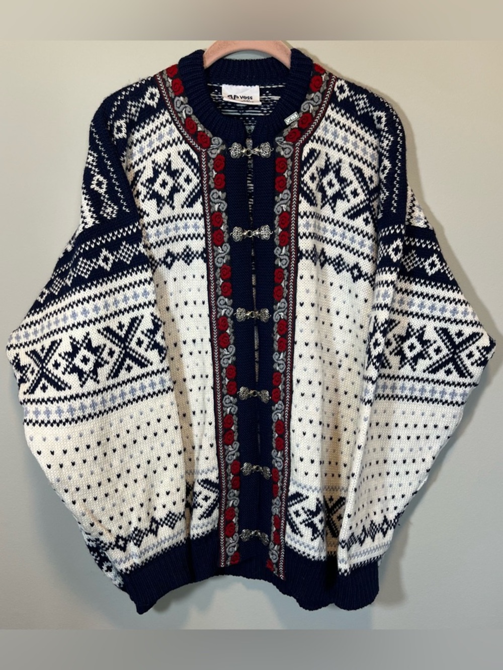 Voss Norway Fair Isle Wool Cardigan Sweater Blue White Large